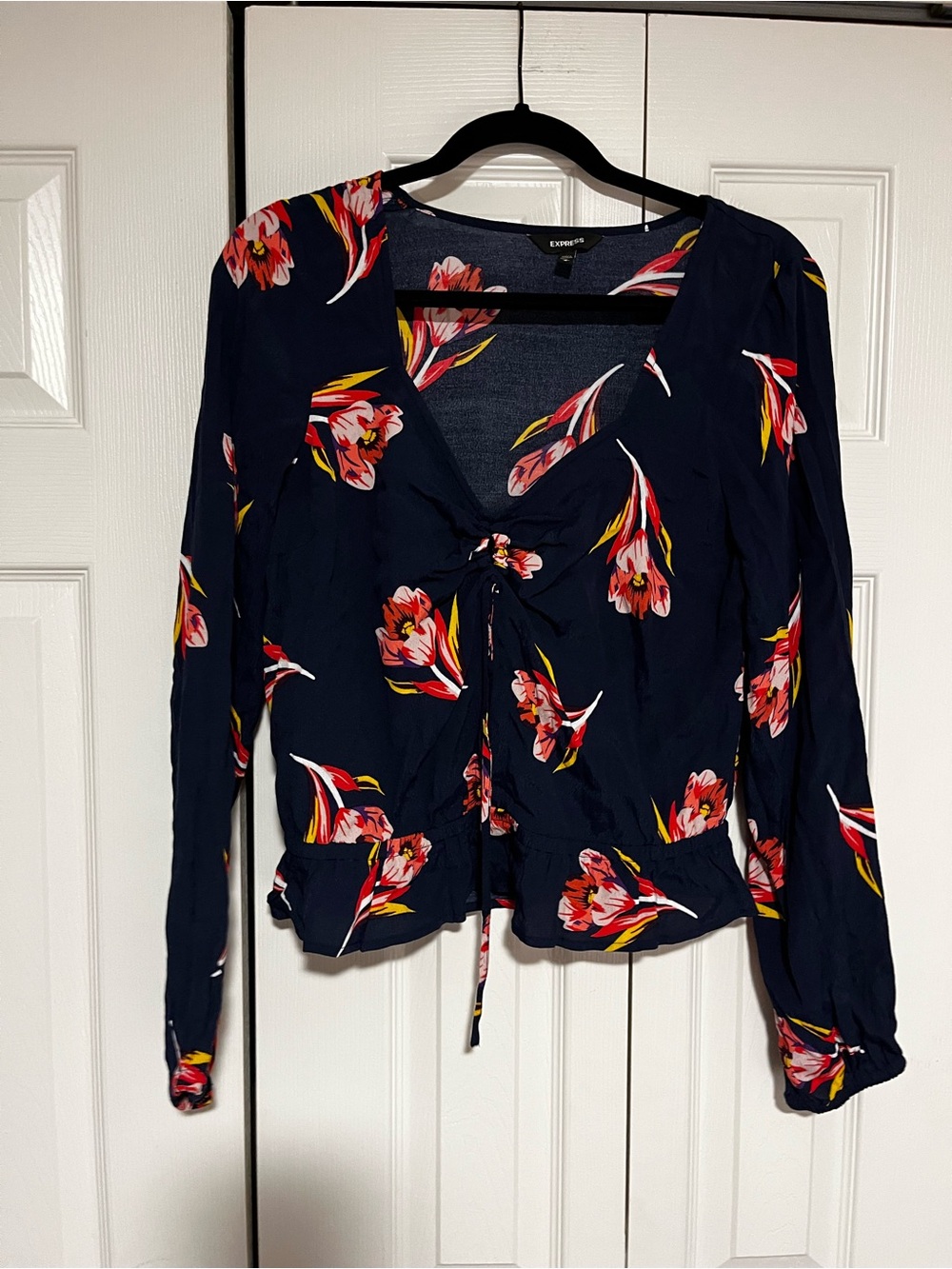 Express Navy Floral Tie-Front Blouse